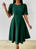 En Stock Ropa Europea y Americana Transfronteriza para Mujer Amazon Verano Nueva Moda Elegante Color Sólido Cuello Redondo Línea A Vestido de Manga Corta