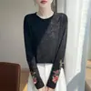 Nuevo top de punto de manga larga con cuello redondo bordado estilo chino para mujer, moderno y adelgazante, camiseta jacquard de alta gama francesa, prenda interior