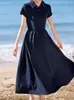 Vestido Casual Solto de Verão 2026, Novo Estilo, Gola Polo, Patchwork, Afina a Cintura, Estilo Preguiçoso, Manga Curta para Mulheres