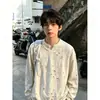 Camiseta de manga larga con cuello en V desgarrada de color gris oscuro para hombre, sudadera de otoño estilo retro japonés casual, camiseta base de alta resistencia