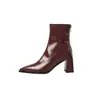 Botas finas de pu femininas botas elásticas outono e inverno novo estilo coreano bico fino zíper traseiro salto alto grosso 7cm botas elásticas de tornozelo femininas