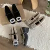 Sapatos Mary Jane Quadrados com Salto Grosso Estilo Francês e Strass para Mulheres, Novos Sapatos de Algodão com Forro de Lã Outono/Inverno 2025