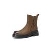 Botas Curtas de Salto Grosso e Plataforma Estilo Britânico Polidas para Mulheres Outono e Inverno 2025 Couro Bovino de Primeira Camada Bico Redondo Zíper Duplo Botas Chelsea