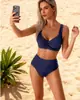 Traje de baño de dos piezas transfronterizo, Bikini de color liso de cintura alta, Vacaciones en la playa, Comercio exterior europeo y americano, Mujeres de talla grande, Talla grande, Super reductor