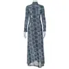 Estilo Europeu e Americano Ins Transfronteiriço Feminino Slim Fit Estampado Moda Cintura Linha A Vestido Casa Gola Alta Manga Longa Respirável