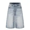 Pantalones Cortos Lavados de Mezclilla con Patrón de Bigotes Estilo Americano con Botones Diagonales para Hombres y Mujeres, Nuevo Estilo de Verano Holgados de Pierna Ancha Cleanfit