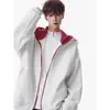 Cardigan com capuz em bloco de cores cinza e branco masculino, forrado com fleece para outono e inverno, grosso, jaqueta pesada para casal, peça externa rígida