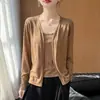 Cardigan Simples Fino de Tricô Tencel para Mulheres, Manga Longa, Sem Botões, Top Camisola de Tricô com Proteção Solar, Blusa Moda Falsa de Duas Peças