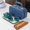 Juego de Té de Cerámica Dingyao con Una Tetera, Cuatro Tazas, Bandeja de Té, Bolsa Portátil, Set de Regalo de Lujo Ligero para Viajes Rápidos al Aire Libre