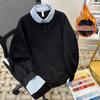 Sudadera con cuello de camisa de dos piezas falsas retro simple americana para hombre, otoño, holgada, casual, estilo preppy, top de manga larga, chaqueta