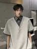 Camiseta Masculina de Verão Patchwork Falsa de Duas Peças Manga Curta Gola Camisa Senso de Design Nicho High Street Americana Manga de Cinco Pontos