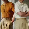 2023 Nuevo Verano Camisa Polo de Seda Helada de Manga Corta Tejida para Hombre Tendencia Moda Rayas Verticales Cuello de Solapa Camiseta Fabricante