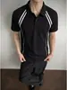 Camisa polo de manga corta a rayas tipo patchwork estilo americano para hombre, camiseta casual de verano estilo universitario de manga media juvenil moderna holgada