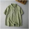 2026 Versión Coreana Primavera y Verano Nuevo Estilo Artístico Retro Estilo Hong Kong Manga Corta Holgada Talla Grande Color Sólido Cuello Solapa Camisa de Algodón y Lino para Mujer