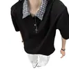 Camisa Polo Falsa de Dos Piezas Estilo Americano para Hombre, Diseño de Verano con Cuello Campana, Cuello de Camisa a Cuadros y Camiseta de Manga Corta