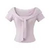 Camiseta de Manga Corta con Cuello Marino Estilo Universitario Verano Nuevo Estilo Ceñidor de Cintura Hombro Derecho Aspecto Adelgazante Falsa Segunda Pieza Corta Estilo Dulce y Picante