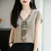 Top de punto de lino helado con cuello en V y manga corta, estilo maduro ligero para mujer, con decoración de bufanda de seda, camiseta top de verano fina, holgada, transpirable, con manga de volantes