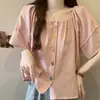 Camisa de algodón y lino de manga corta abullonada con botones de colores para mujer, talla grande de verano, corte holgado, que disimula la barriga, top de aspecto juvenil