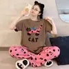 Pijama Dulce y Lindo de Gatito para Mujer, Talla Grande, Manga Corta, Pantalón Largo, Conjunto Cómodo y Amigable con la Piel para Estar en Casa o Como Ropa Exterior