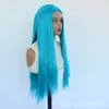 Peluca de encaje frontal de comercio exterior, cabello largo y liso azul, fibra resistente al calor, natural y suave, stock de fábrica al por mayor
