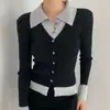 Cardigan de tricô de lã com gola alta em camadas estilo Dongdaemun para mulheres, design de manga longa 2026, perfeito para usar em camadas no outono e inverno