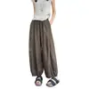 Calças largas estilo lanterna de algodão e linho com renda emendada estilo coreano para mulheres, finas de verão, cintura alta, soltas, curtas, casuais, bloomers