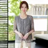 Top Camiseta de Manga Curta de Verão para Mãe, Moda de Verão Estilosa para Mulheres de Meia-Idade e Idosas, Blusa de Chiffon Falsa de Duas Peças