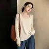 Colección de principios de otoño para mujer talla grande: top de punto adelgazante, versátil de estilo coreano con cuello cuadrado, color liso, manga larga