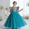 Vestido Longo Formal Europeu e Americano para Meninas com Babados, Vestido Princesa de Manga Curta, Vestido para Daminha de Casamento, Traje de Performance para Apresentadora