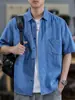 Camisa de Mezclilla con Bolsillo para Hombre de Manga Corta Tendencia Verano 2025 Holgada Talla Grande Top Chaqueta Camisa Delgada