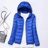 Preço especial [liquidação] jaqueta nova de algodão acolchoado com penugem leve, curta com capuz, gola alta, casaco feminino plus size