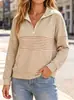 Nova blusa de moletom listrada com meio zíper, modelagem solta e mangas compridas, para mulheres, casual e versátil, adequada para primavera e outono