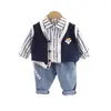 Cardigã Infantil com Logo no Peito Estilo Coreano Tendência Cool Ins Lindo Bebê Estilo Britânico Camisa Listrada Colete Atacado