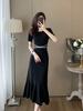 Xiaoxiangfeng Treze Linha Mulheres Gelo Seda Vestido Tricotado Mulheres Vestido de Verão Sobre o Joelho Longo Quadril Preto Fishtail Saia