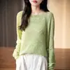 Coleção Nova Primavera 2026: Blusa de Tricô 100% Algodão Feminina, Manga Longa, Cor Sólida, Design Vazado, Caimento Solto, Peça Básica para Camadas