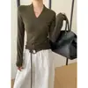 Sinan Principios de Primavera Nuevo Estilo Francés Cuello en V Ajustado Delgado Terciopelo Manga Larga Camiseta Base T-Shirt Sn8552