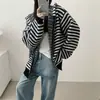 Cardigan com zíper listrado color-block casual de nicho coreano para mulheres, jaqueta de tricô com capuz de manga longa para outono