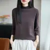 Nova blusa de tricô de algodão puro para o início do outono, gola semi-alta, barra enrolada, manga três-quartos, cor sólida solta 2026