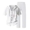 Conjunto de Verano Transfronterizo Estilo Americano Holgado de Lino Transpirable Camisa con Capucha y Bolsillo de Manga Corta y Pantalón Largo para Hombre 2026
