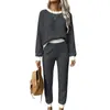 Conjunto de dos piezas para mujer: sudadera casual de punto gofre con cordón y cuello redondo y pantalón largo casual