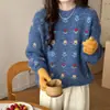 Suéter de tricô jacquard redondo novo estilo coreano para outono e inverno para mulheres, solto, macio, doce, top de tricô floral para mulheres
