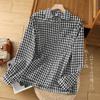 Cardigan Camisa Retrô de Verão 2025 com Gola Lapela, Manga Longa, Algodão e Linho Xadrez, Top Solto com Temperamento para Mulheres