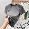 Playera de Manga Corta con Encaje Blanco para Mujer Verano 2025 Nueva Cuello Redondo Hombro Top con Borde de Oreja Camiseta Básica para Mujer