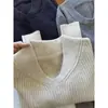 Suéter simple de punto de manga larga con cuello en V de color albaricoque estilo retro americano para mujer, adecuado para primavera y otoño, con un tacto de alta gama y efecto adelgazante, perfecto como prenda de punto básica