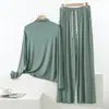 Novo modelo de outono: Conjunto de pijama soltinho plus size em modal para mulheres, com gola semi-alta, blusa de manga longa e calça pantalona.