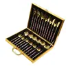 Conjunto de Talheres de Aço Inoxidável 24 Peças Dourado Caixa de Madeira Faca de Bife, Garfo, Colher Conjunto de Quatro Peças Caixa de Presente Luxo Leve Uso Doméstico