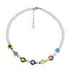 Colar de Flor de Vidro Colorido Artesanal Japonês e Coreano Design de Nicho Feminino Corrente de Clavícula com Pérolas Acessórios de Metal para Suéter Outono e Inverno
