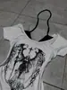 Camiseta de Mujer Estilo Callejero Europeo y Americano de Verano Personalidad Chica Picante Diseño Falso Dos Piezas Estilo Oscuro Estampada Halter Suéter
