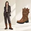 Stock de Fábrica Botas Slouch de Punta Redonda sin Cierre para Mujer Botas Slouch de Doble Hebilla de Cuero Tacón Grueso Botas Vaqueras Patchwork Botas de Invierno para Mujer