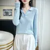 Suéter de malha casual com gola polo, alta imitação, meio aberto, manga longa, listrado, slim fit, versátil, emagrecedor, novo estilo feminino